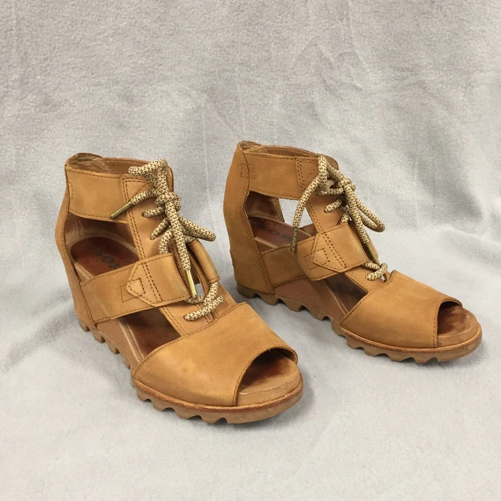 Sorel Joanie Lace Tan Leather Wedge Sandals Peep Toe Lace Up Womens 9 NL2514-224